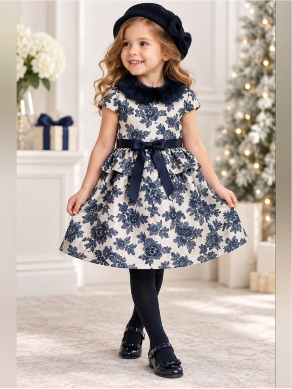 US Angels Girls Navy Floral Brocade Party Dress 4T